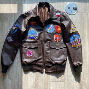 Top Gun Maverick Leather Bomber Jacket with Patchwork - Classic Military Style